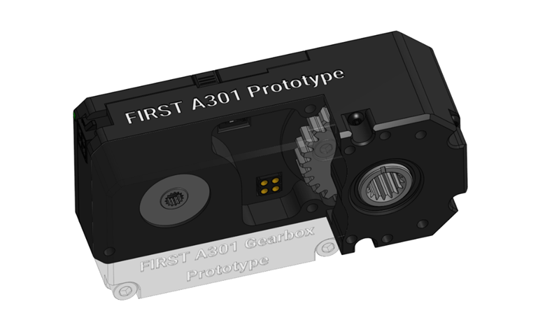 FIRST A301 Prototype Motor with Swapable Gearbox shown as Translucent