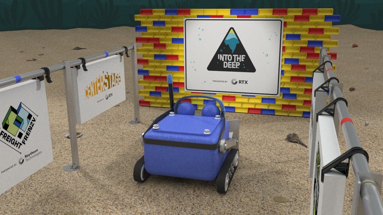 Dozer robot looking at INTO THE DEEP logo in front of a wall of samples