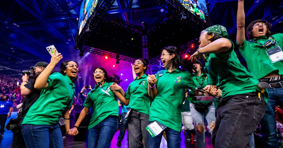 Team Jack in the Bot cheers and celebrates their win at the 2025 Championship.