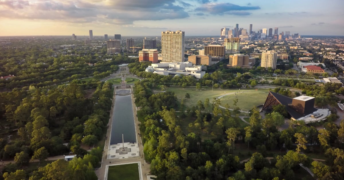 Downtown Houston skyline featuring a nearby park.